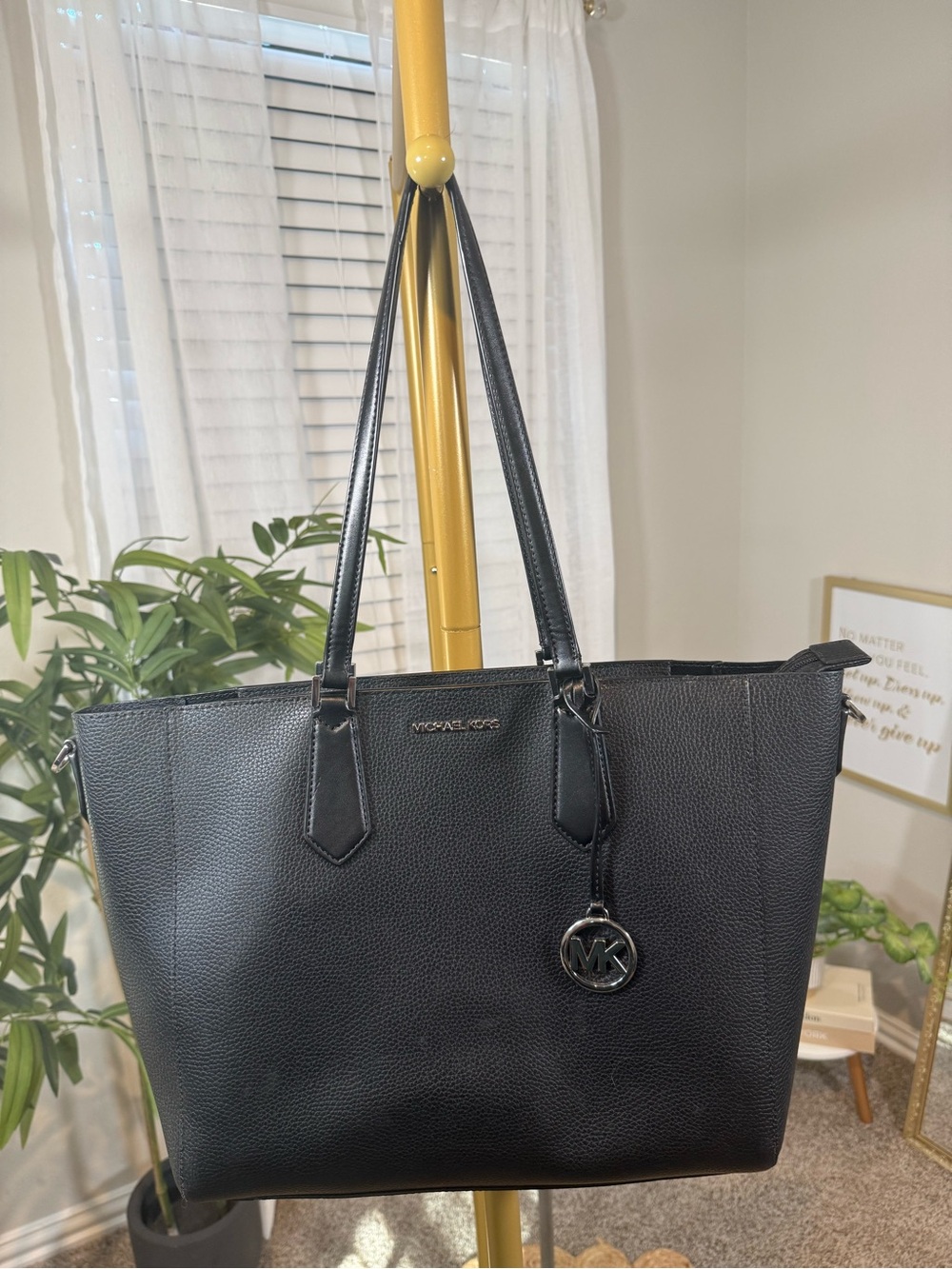 Michael Kors Black Pebbled Leather Tote with MK Charm